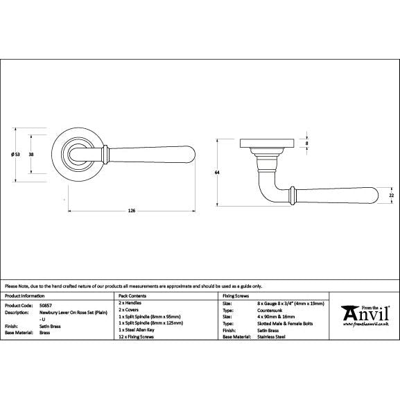 From The Anvil - Satin Brass Newbury Lever on Rose Set (Plain) - Unsprung - Satin Brass  - 50857 - Choice Handles