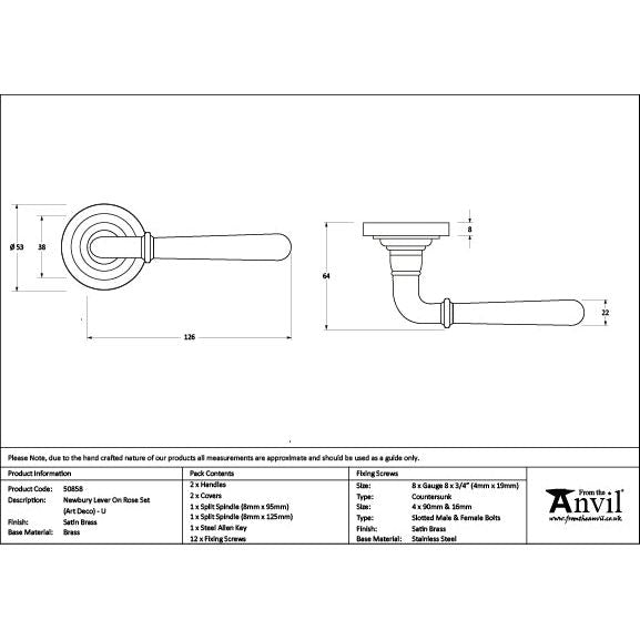 From The Anvil - Satin Brass Newbury Lever on Rose Set (Art Deco) - Unsprung - Satin Brass  - 50858 - Choice Handles