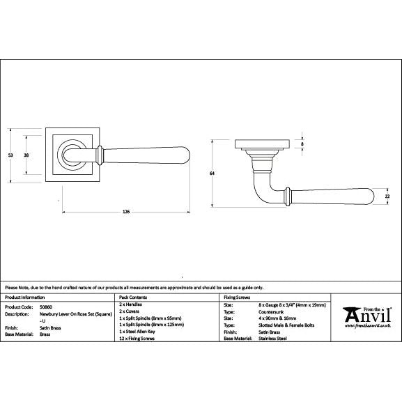 From The Anvil - Satin Brass Newbury Lever on Rose Set (Square) - Unsprung - Satin Brass  - 50860