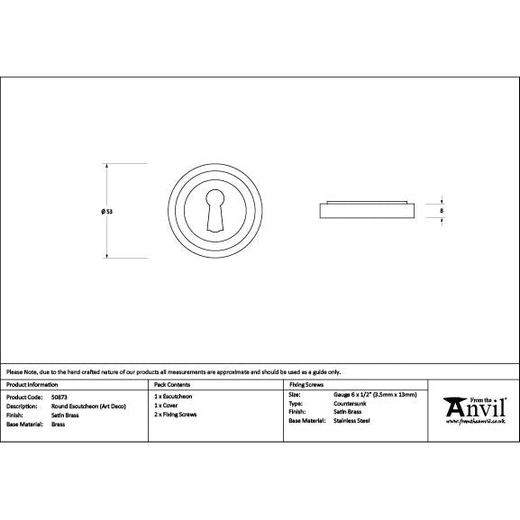 From The Anvil - Satin Brass Round Escutcheon (Art Deco) - Satin Brass  - 50873 - Choice Handles