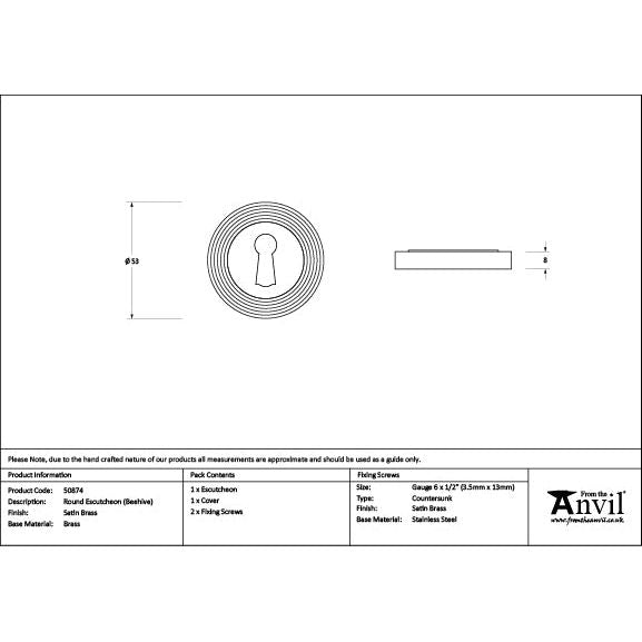 From The Anvil - Satin Brass Round Escutcheon (Beehive) - Satin Brass  - 50874