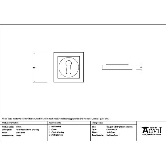 From The Anvil - Satin Brass Round Escutcheon (Square) - Satin Brass  - 50875 - Choice Handles