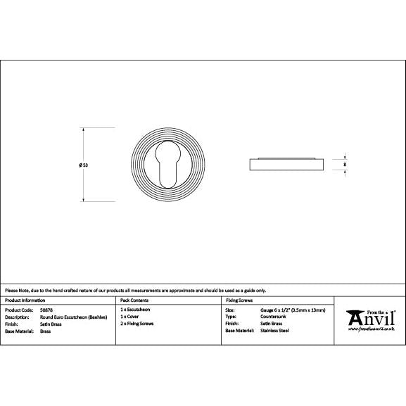 From The Anvil - Satin Brass Round Euro Escutcheon (Beehive) - Satin Brass  - 50878 - Choice Handles