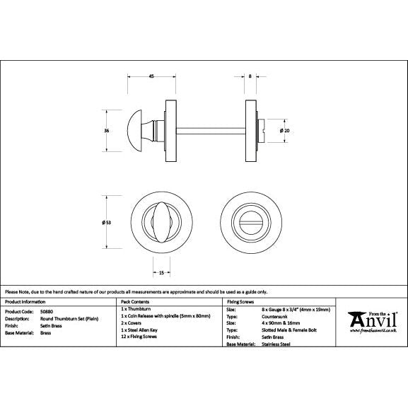 From The Anvil - Satin Brass Round Thumbturn Set (Plain) - Satin Brass  - 50880