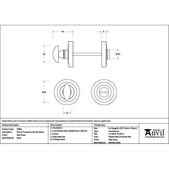 From The Anvil - Satin Brass Round Thumbturn Set (Art Deco) - Satin Brass  - 50881