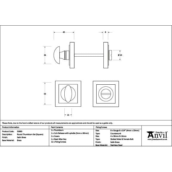 From The Anvil - Satin Brass Round Thumbturn Set (Square) - Satin Brass  - 50883