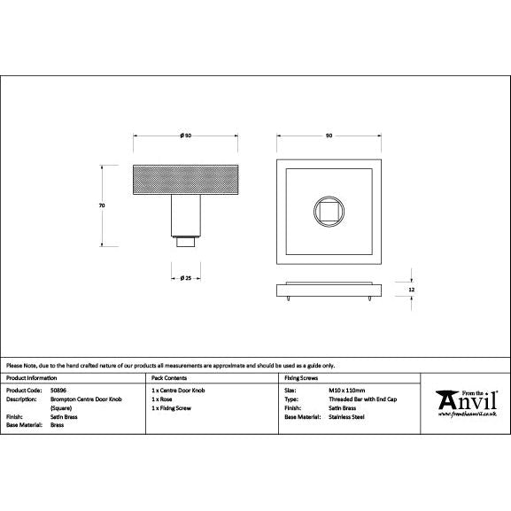 From The Anvil - Satin Brass Brompton Centre Door Knob (Square) - Satin Brass  - 50896