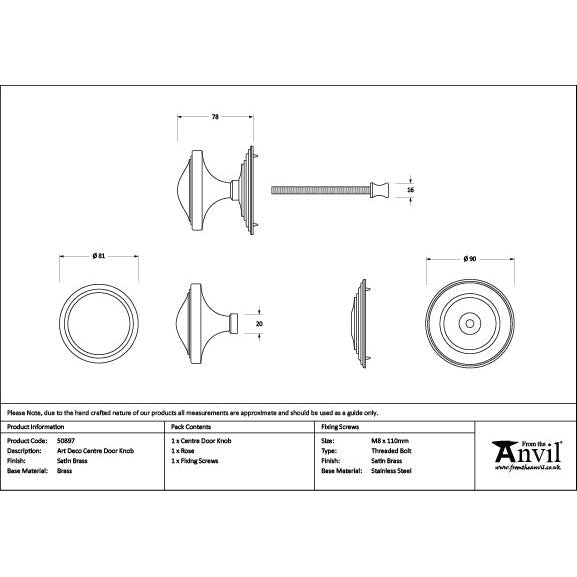 From The Anvil - Satin Brass Art Deco Centre Door Knob - Satin Brass  - 50897
