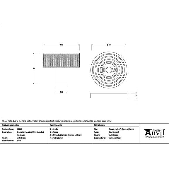 From The Anvil - Satin Brass Brompton Mortice/Rim Knob Set (Beehive) - Satin Brass  - 50910