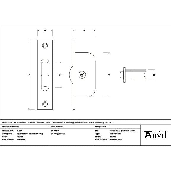 From The Anvil - Pewter Square Ended Sash Pulley 75kg - 50914