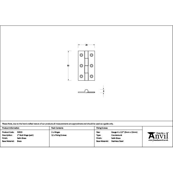 From The Anvil - Satin Brass 2" Butt Hinge (pair) - Satin Brass  - 50915 - Choice Handles