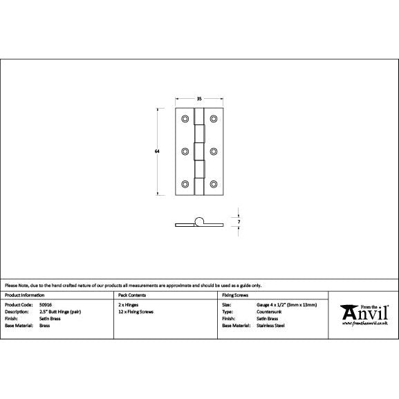 From The Anvil - Satin Brass 2.5" Butt Hinge (pair) - Satin Brass  - 50916 - Choice Handles