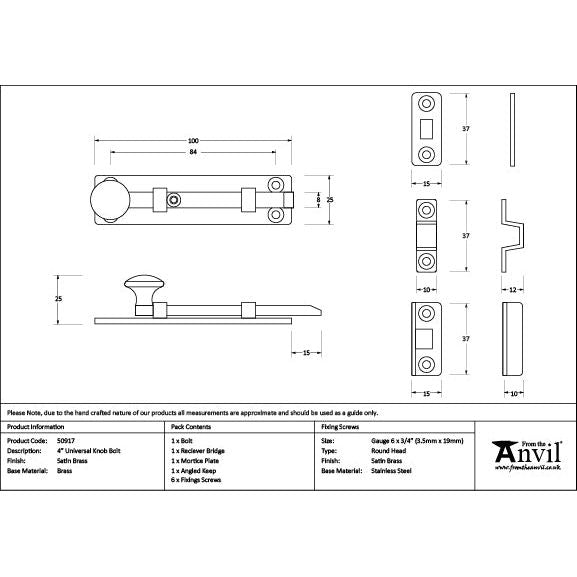 From The Anvil - Satin Brass 4" Universal Bolt - Satin Brass  - 50917 - Choice Handles