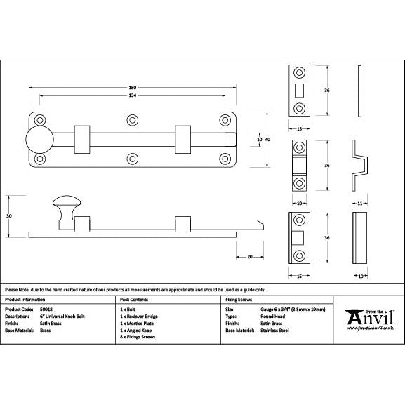 From The Anvil - Satin Brass 6" Universal Bolt - Satin Brass  - 50918 - Choice Handles