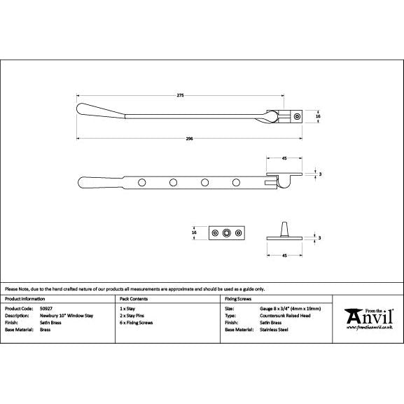 From The Anvil - Satin Brass 10" Newbury Stay - Satin Brass  - 50927 - Choice Handles