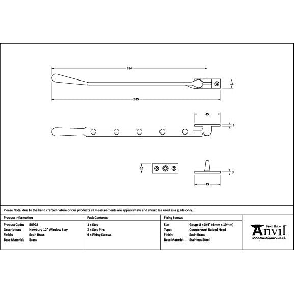 From The Anvil - Satin Brass 12" Newbury Stay - Satin Brass  - 50928 - Choice Handles