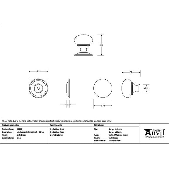 From The Anvil - Satin Brass Mushroom Cabinet Knob 32mm - Satin Brass  - 50929 - Choice Handles