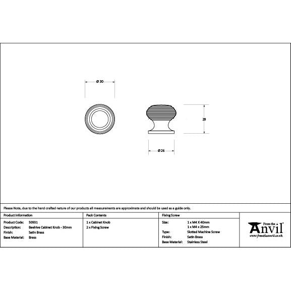 From The Anvil - Satin Brass Beehive Cabinet Knob 30mm - Satin Brass  - 50931 - Choice Handles
