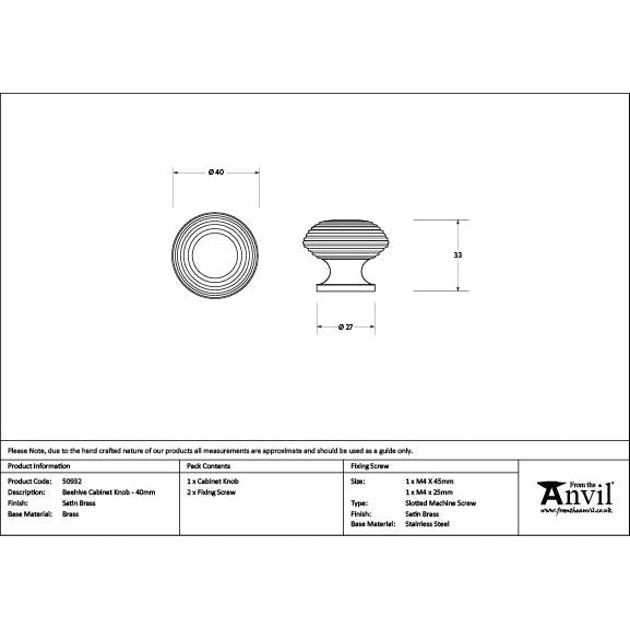 From The Anvil - Satin Brass Beehive Cabinet Knob 40mm - Satin Brass  - 50932 - Choice Handles
