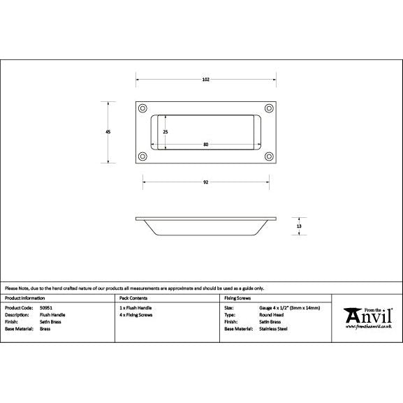 From The Anvil - Satin Brass Flush Handle - Satin Brass  - 50951 - Choice Handles