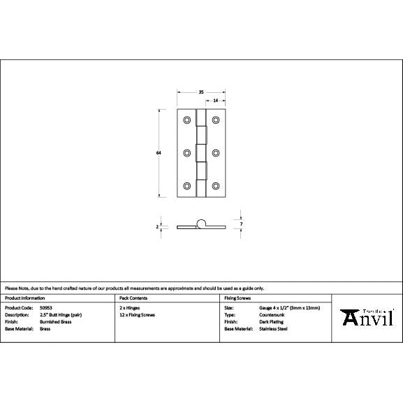 From The Anvil - Burnished Brass 2.5" Butt Hinge (pair) - 50953