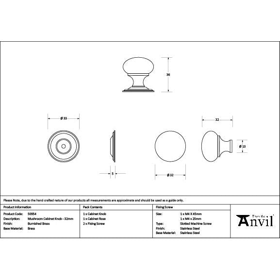 From The Anvil - Burnished Brass Mushroom Cabinet Knob 32mm - 50954 - Choice Handles