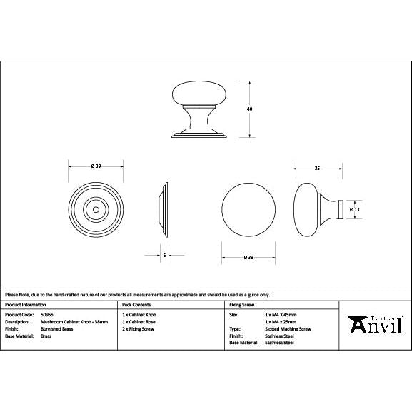From The Anvil - Burnished Brass Mushroom Cabinet Knob 38mm - 50955 - Choice Handles
