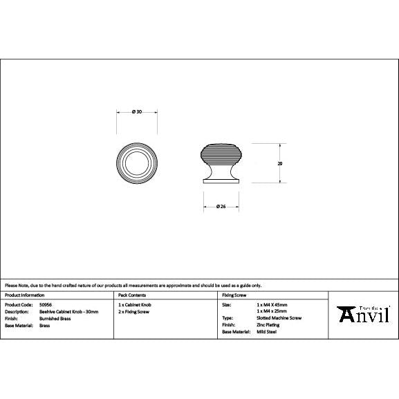 From The Anvil - Burnished Brass Beehive Cabinet Knob 30mm - 50956