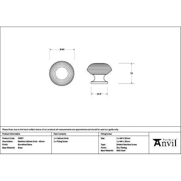 From The Anvil - Burnished Brass Beehive Cabinet Knob 40mm - 50957 - Choice Handles