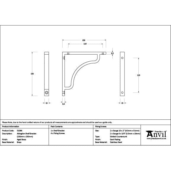 From The Anvil - Aged Brass Abingdon Shelf Bracket (150mm x 150mm) - Aged Brass  - 51086