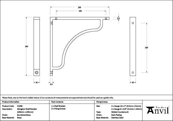 From The Anvil - Burnished Brass Abingdon Shelf Bracket (200mm x 200mm) - 51098