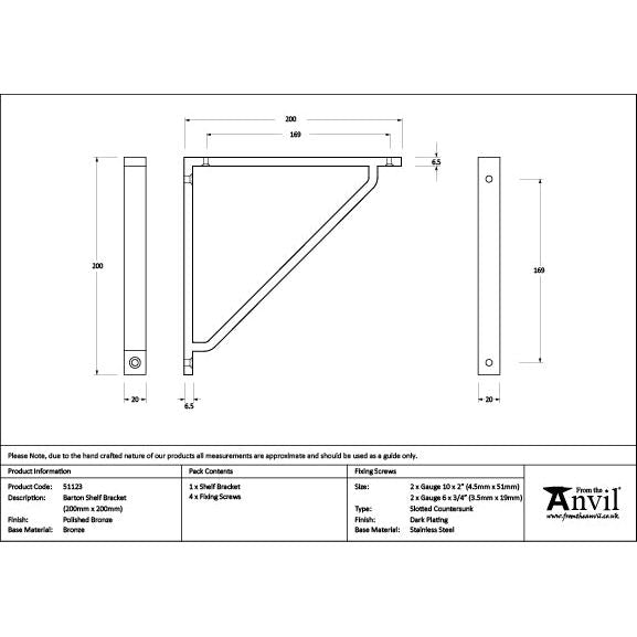From The Anvil - Polished Bronze Barton Shelf Bracket (200mm x 200mm) - Polished Bronze  - 51123 - Choice Handles