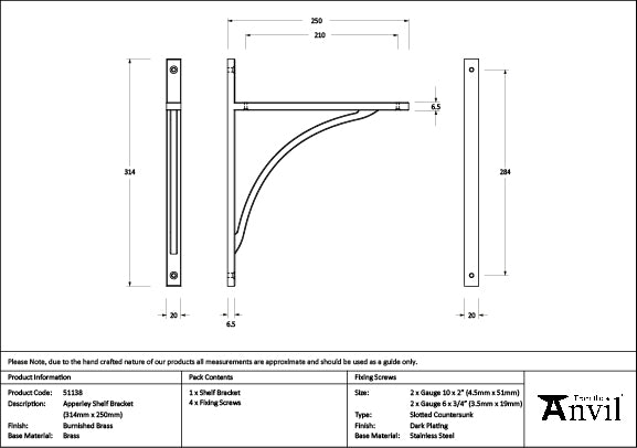From The Anvil - Burnished Brass Apperley Shelf Bracket (314mm x 250mm) - 51138