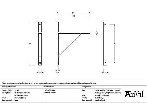 From The Anvil - Burnished Brass Chalfont Shelf Bracket (260mm x 200mm) - 51148