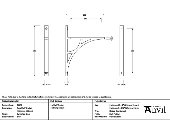 From The Anvil - Burnished Brass Tyne Shelf Bracket (260mm x 200mm) - 51168