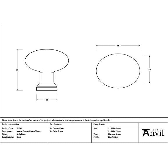 From The Anvil - Satin Brass Moore Cabinet Knob - 38mm - 51231 - Choice Handles