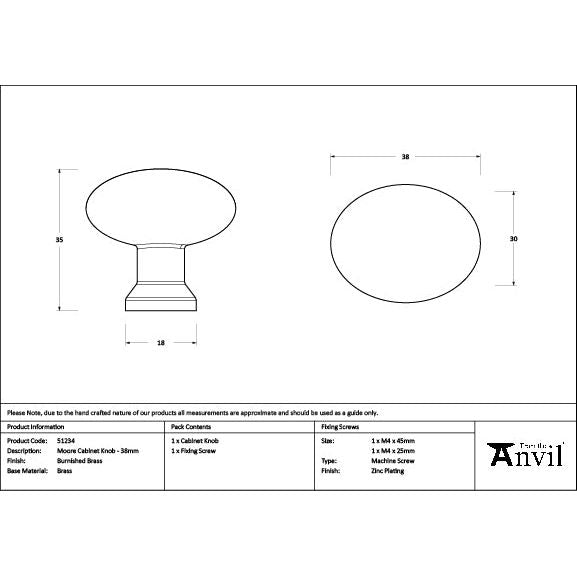From The Anvil - Burnished Brass Moore Cabinet Knob - 38mm - 51234 - Choice Handles