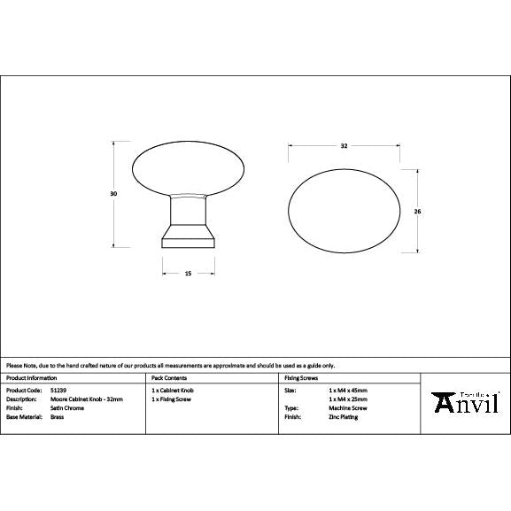 From The Anvil - Satin Chrome Moore Cabinet Knob - 32mm - 51239 - Choice Handles