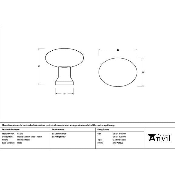 From The Anvil - Polished Nickel Moore Cabinet Knob - 32mm - 51242