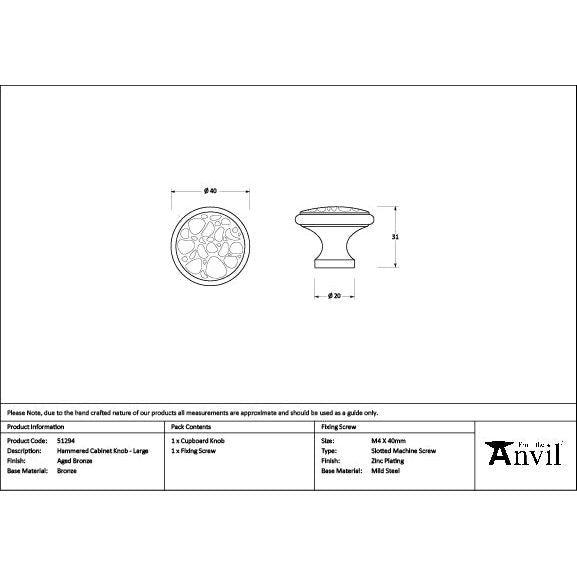 From The Anvil - Aged Bronze Hammered Cabinet Knob - Large - 51294 - Choice Handles