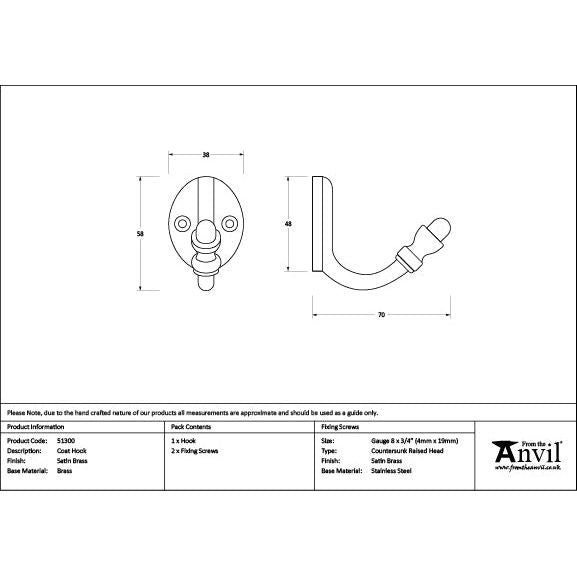 From The Anvil - Satin Brass Coat Hook - Satin Brass  - 51300 - Choice Handles