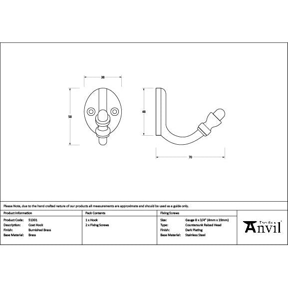 From The Anvil - Burnished Brass Coat Hook - 51301