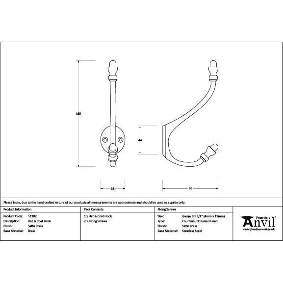 From The Anvil - Satin Brass Hat & Coat Hook - Satin Brass  - 51302 - Choice Handles