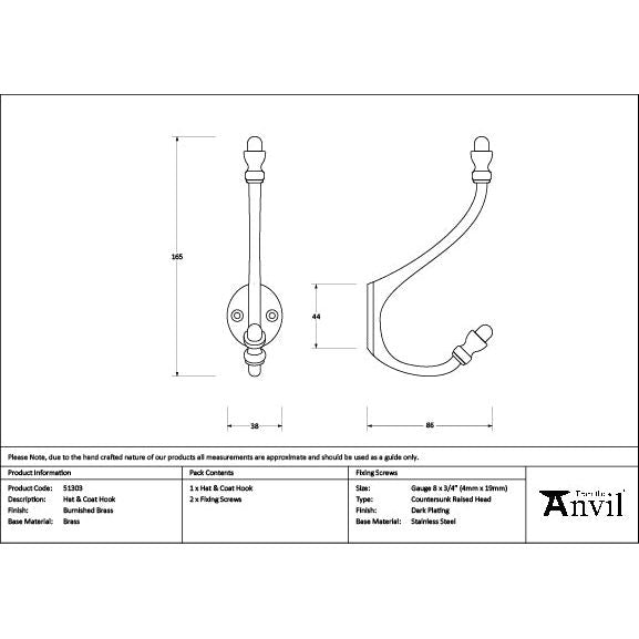 From The Anvil - Burnished Brass Hat & Coat Hook - 51303
