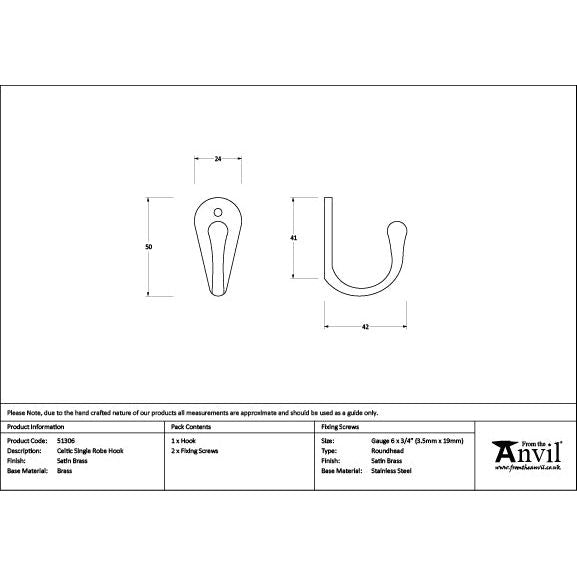 From The Anvil - Satin Brass Celtic Single Robe Hook - Satin Brass  - 51306 - Choice Handles