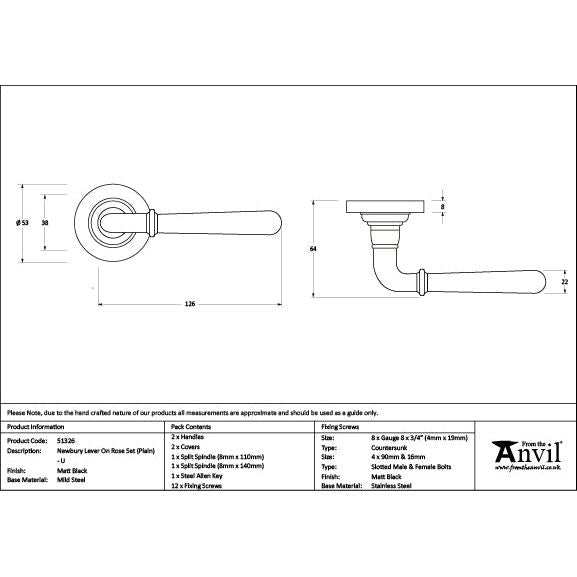 From The Anvil - Matt Black Newbury Lever on Rose Set (Plain) - Unsprung - Matt Black  - 51326 - Choice Handles