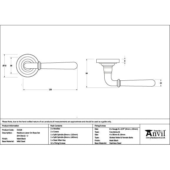 From The Anvil - Matt Black Newbury Lever on Rose Set (Beehive) - Unsprung - Matt Black  - 51328 - Choice Handles
