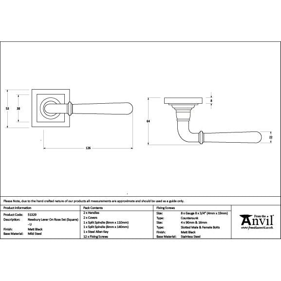 From The Anvil - Matt Black Newbury Lever on Rose Set (Square) - Unsprung - Matt Black  - 51329