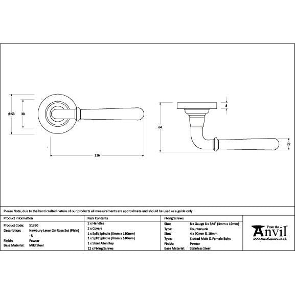 From The Anvil - Pewter Newbury Lever on Rose Set (Plain) - Unsprung - Pewter Patina  - 51330 - Choice Handles