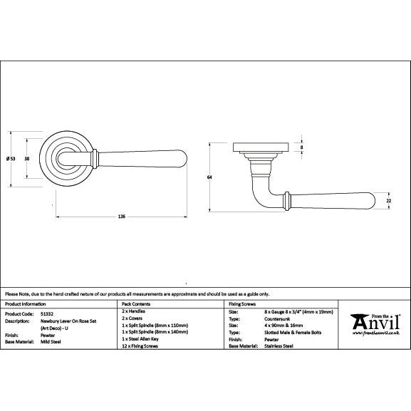 From The Anvil - Pewter Newbury Lever on Rose Set (Beehive) - Unsprung - Pewter Patina  - 51332 - Choice Handles